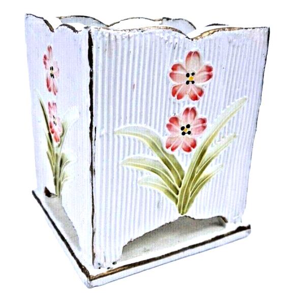 Vintage Square Wooden Hand Painted Storage Box Desk Organizer Ribbed Floral - Picture 4 of 4